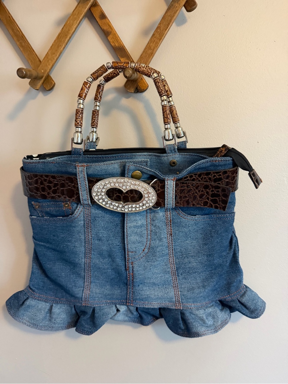 Baggy Jeans Y2K Denim Mini Skirt Purse Beaded Handle Rhinestone Heart Buckle